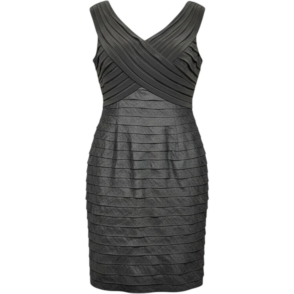 Adrianna Papell Sheath Dress Womens 10 Black Tiered Pleated Sleeveless V-Neck